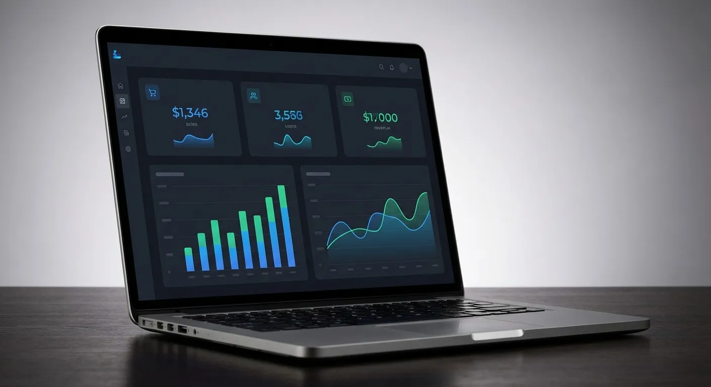 Laptop con un panel de métricas de ventas, usuarios e ingresos